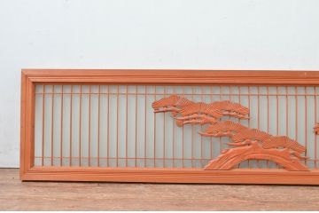 アンティーク建具　松に鶴の彫刻入り　片面ガラスの筬欄間1枚(明かり取り、明り取り、オサランマ、おさらんま、格子欄間)(R-080465)