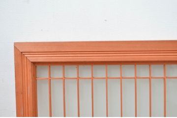 アンティーク建具　松に鶴の彫刻入り　片面ガラスの筬欄間1枚(明かり取り、明り取り、オサランマ、おさらんま、格子欄間)(R-080465)