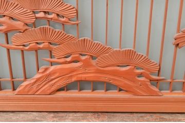 アンティーク建具　松に鶴の彫刻入り　片面ガラスの筬欄間1枚(明かり取り、明り取り、オサランマ、おさらんま、格子欄間)(R-080465)