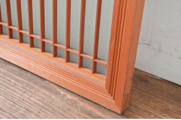 アンティーク建具　松に鶴の彫刻入り　片面ガラスの筬欄間1枚(明かり取り、明り取り、オサランマ、おさらんま、格子欄間)(R-080465)