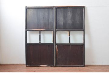 アンティーク建具　古民家インテリアにおすすめのガラス帯戸2枚セット(引き戸、ガラス戸)(R-080474)