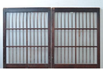 アンティーク建具　懐かしさ漂うガラス入り玄関戸2枚セット(ガラス戸、引き戸、格子戸)(R-080475)