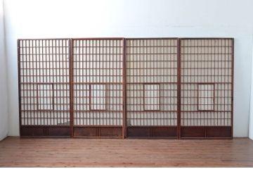 アンティーク建具　情緒あふれる和の空間づくりにおすすめの雪見障子戸4枚セット(猫間障子戸、引き戸)(R-080477)