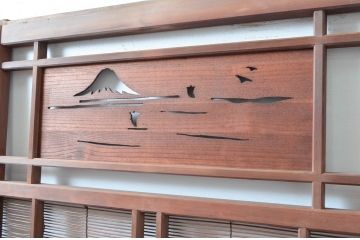 アンティーク建具　富士山・水鳥図　涼しげな和の風情を感じる幅狭夏戸4枚セット(引き戸、簾戸、簀戸、葭戸、すど、夏障子)(R-080478)