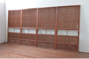 アンティーク建具　上手物!!　縦桟が太くて立派な裏障子付き格子戸4枚セット(引き戸、障子戸、ガラス帯戸)(R-080484)