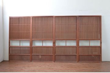 アンティーク建具　上手物!!　縦桟が太くて立派な裏障子付き格子戸4枚セット(引き戸、障子戸、ガラス帯戸)(R-080484)