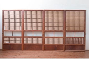 アンティーク建具　上手物!!　縦桟が太くて立派な裏障子付き格子戸4枚セット(引き戸、障子戸、ガラス帯戸)(R-080484)