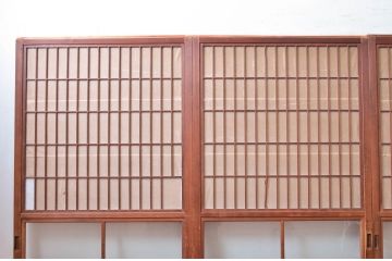アンティーク建具　上手物!!　縦桟が太くて立派な裏障子付き格子戸4枚セット(引き戸、障子戸、ガラス帯戸)(R-080484)