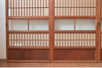 アンティーク建具　上手物!!　縦桟が太くて立派な裏障子付き格子戸4枚セット(引き戸、障子戸、ガラス帯戸)(R-080484)