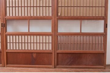 アンティーク建具　上手物!!　縦桟が太くて立派な裏障子付き格子戸4枚セット(引き戸、障子戸、ガラス帯戸)(R-080484)