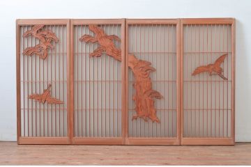 ビンテージ建具　片面ガラス　鶴と松の彫刻が立派で雅やかな書院戸4枚セット(ガラス戸、引き戸、窓、ヴィンテージ)(R-080493)