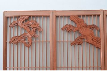 ビンテージ建具　片面ガラス　鶴と松の彫刻が立派で雅やかな書院戸4枚セット(ガラス戸、引き戸、窓、ヴィンテージ)(R-080493)