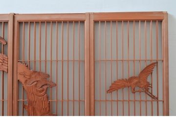ビンテージ建具　片面ガラス　鶴と松の彫刻が立派で雅やかな書院戸4枚セット(ガラス戸、引き戸、窓、ヴィンテージ)(R-080493)