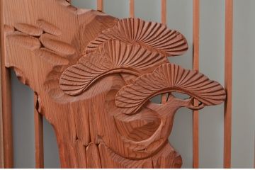 ビンテージ建具　片面ガラス　鶴と松の彫刻が立派で雅やかな書院戸4枚セット(ガラス戸、引き戸、窓、ヴィンテージ)(R-080493)