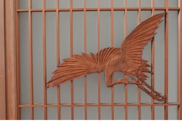 ビンテージ建具　片面ガラス　鶴と松の彫刻が立派で雅やかな書院戸4枚セット(ガラス戸、引き戸、窓、ヴィンテージ)(R-080493)