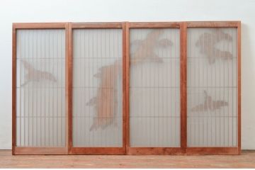 ビンテージ建具　片面ガラス　鶴と松の彫刻が立派で雅やかな書院戸4枚セット(ガラス戸、引き戸、窓、ヴィンテージ)(R-080493)