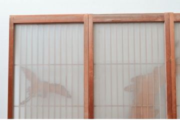ビンテージ建具　片面ガラス　鶴と松の彫刻が立派で雅やかな書院戸4枚セット(ガラス戸、引き戸、窓、ヴィンテージ)(R-080493)