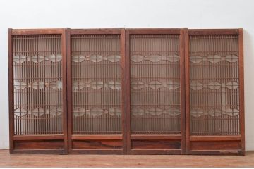 アンティーク建具　特注品!!　片面ガラス　枠欅(ケヤキ)材・腰板黒柿材　上質な和空間を演出してくれる書院戸4枚セット(ガラス戸、引き戸、窓、組子)(R-080494)