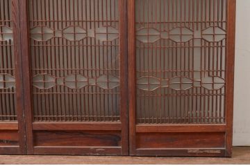 アンティーク建具　特注品!!　片面ガラス　枠欅(ケヤキ)材・腰板黒柿材　上質な和空間を演出してくれる書院戸4枚セット(ガラス戸、引き戸、窓、組子)(R-080494)