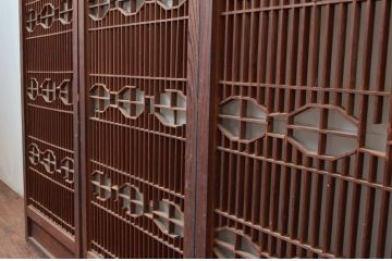 アンティーク建具　特注品!!　片面ガラス　枠欅(ケヤキ)材・腰板黒柿材　上質な和空間を演出してくれる書院戸4枚セット(ガラス戸、引き戸、窓、組子)(R-080494)