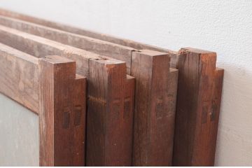 アンティーク建具　特注品!!　片面ガラス　枠欅(ケヤキ)材・腰板黒柿材　上質な和空間を演出してくれる書院戸4枚セット(ガラス戸、引き戸、窓、組子)(R-080494)