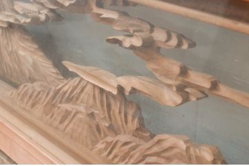ビンテージ建具　特注品!!　両面ガラス　松に富士山　立派な彫刻が見事な分厚いフレームの彫刻欄間1枚(明り取り、明かり取り、ランマ、ヴィンテージ)(R-080506)