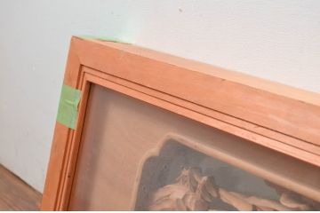 ビンテージ建具　特注品!!　両面ガラス　松の木と風情ある風景の彫刻が見事な分厚いフレームの彫刻欄間1枚(明り取り、明かり取り、ランマ、ヴィンテージ)(R-080507)