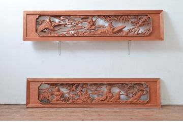 ビンテージ建具　井波彫刻　縁起の良い七福神の図柄が存在感を放つ両面彫刻欄間2枚セット(明かり取り、明り取り、ランマ、ヴィンテージ)(R-080516)