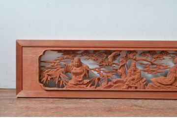 ビンテージ建具　井波彫刻　縁起の良い七福神の図柄が存在感を放つ両面彫刻欄間2枚セット(明かり取り、明り取り、ランマ、ヴィンテージ)(R-080516)