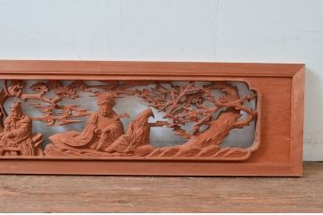 ビンテージ建具　井波彫刻　縁起の良い七福神の図柄が存在感を放つ両面彫刻欄間2枚セット(明かり取り、明り取り、ランマ、ヴィンテージ)(R-080516)