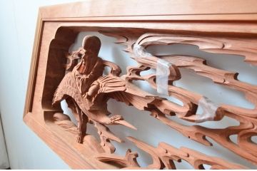 ビンテージ建具　井波彫刻　縁起の良い七福神の図柄が存在感を放つ両面彫刻欄間2枚セット(明かり取り、明り取り、ランマ、ヴィンテージ)(R-080516)