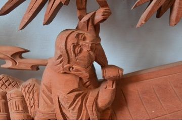 ビンテージ建具　井波彫刻　縁起の良い七福神の図柄が存在感を放つ両面彫刻欄間2枚セット(明かり取り、明り取り、ランマ、ヴィンテージ)(R-080516)