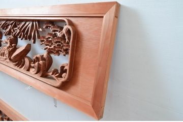 ビンテージ建具　井波彫刻　縁起の良い七福神の図柄が存在感を放つ両面彫刻欄間2枚セット(明かり取り、明り取り、ランマ、ヴィンテージ)(R-080516)