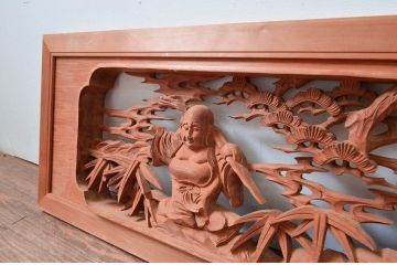 ビンテージ建具　井波彫刻　縁起の良い七福神の図柄が存在感を放つ両面彫刻欄間2枚セット(明かり取り、明り取り、ランマ、ヴィンテージ)(R-080516)