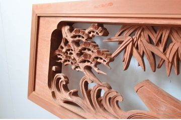 ビンテージ建具　井波彫刻　縁起の良い七福神の図柄が存在感を放つ両面彫刻欄間2枚セット(明かり取り、明り取り、ランマ、ヴィンテージ)(R-080516)