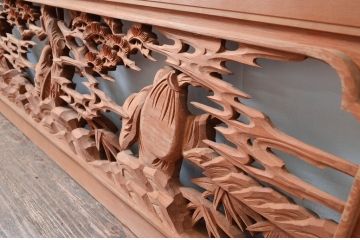ビンテージ建具　井波彫刻　縁起の良い七福神の図柄が存在感を放つ両面彫刻欄間2枚セット(明かり取り、明り取り、ランマ、ヴィンテージ)(R-080516)