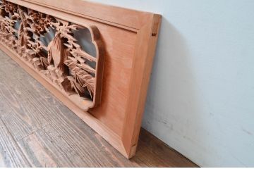 ビンテージ建具　井波彫刻　縁起の良い七福神の図柄が存在感を放つ両面彫刻欄間2枚セット(明かり取り、明り取り、ランマ、ヴィンテージ)(R-080516)