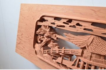 ビンテージ建具　杉材　職人技が光る!細部まで施された彫刻が目を惹く欄間2枚セット(明り取り、明かり取り、ランマ、ヴィンテージ)(R-080518)