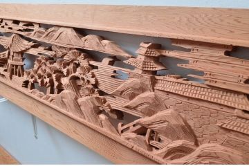 ビンテージ建具　杉材　職人技が光る!細部まで施された彫刻が目を惹く欄間2枚セット(明り取り、明かり取り、ランマ、ヴィンテージ)(R-080518)