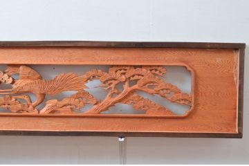 ビンテージ建具　杉材　松　鶴　職人技が光る!細部まで施された彫刻が目を惹く欄間2枚セット(明り取り、明かり取り、ランマ、ヴィンテージ)(R-080519)