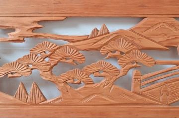 ヴィンテージ建具　昭和後期　杉材　松と山並み風景の彫刻欄間2枚セット　(R-080521)