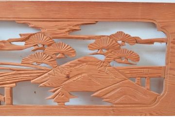 ヴィンテージ建具　昭和後期　杉材　松と山並み風景の彫刻欄間2枚セット　(R-080521)