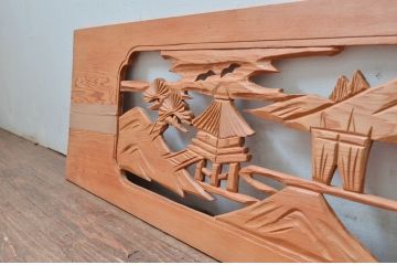 ヴィンテージ建具　昭和後期　杉材　松と山並み風景の彫刻欄間2枚セット　(R-080521)