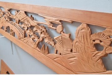 ヴィンテージ建具　昭和後期　杉材　松と山並み風景の彫刻欄間2枚セット　(R-080521)