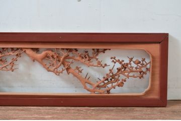アンティーク建具　井波彫刻　今井徳造ノ刀　欠損あり　梅と竹の繊細な彫刻が目を惹く欄間2枚セット(明かり取り、明り取り、在銘)(R-080529)