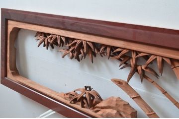 アンティーク建具　井波彫刻　今井徳造ノ刀　欠損あり　梅と竹の繊細な彫刻が目を惹く欄間2枚セット(明かり取り、明り取り、在銘)(R-080529)
