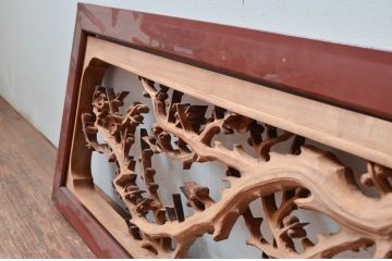 アンティーク建具　井波彫刻　今井徳造ノ刀　欠損あり　梅と竹の繊細な彫刻が目を惹く欄間2枚セット(明かり取り、明り取り、在銘)(R-080529)