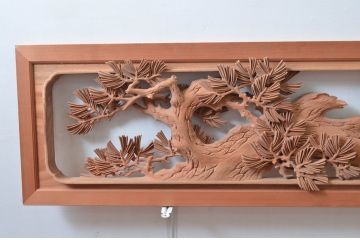 ビンテージ建具　井波彫刻　横山富介　松に鶴の繊細な彫刻が目を惹く欄間2枚セット(明かり取り、明り取り、ヴィンテージ)(R-080530)