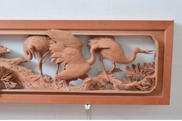 ビンテージ建具　井波彫刻　横山富介　松に鶴の繊細な彫刻が目を惹く欄間2枚セット(明かり取り、明り取り、ヴィンテージ)(R-080530)