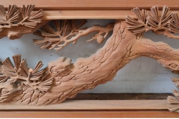 ビンテージ建具　井波彫刻　横山富介　松に鶴の繊細な彫刻が目を惹く欄間2枚セット(明かり取り、明り取り、ヴィンテージ)(R-080530)